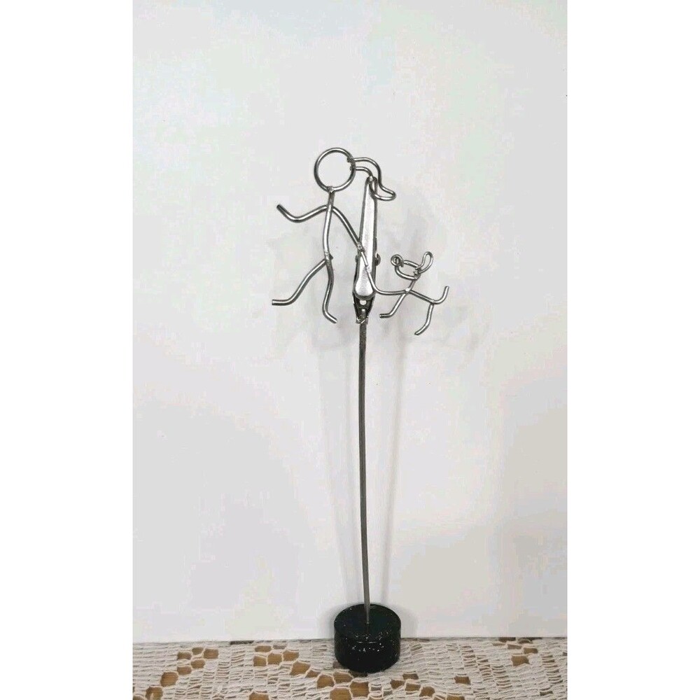 Dog Walker Wire figure Sculpture with memo clip holder and base see pics